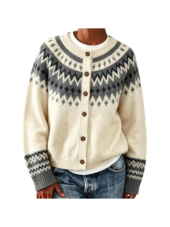 Fair Isle Sweater Women Icelandic‑Inspired Norwegian Sweater Women Nordic‑Style Knit Pullover Boho Embroidered Sweater Vintage Cardigans Casual Daily Fall Winter Wear for Ladies,Beige,L