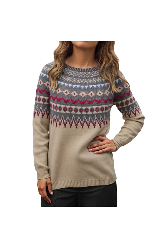 Fair Isle Sweater Women Knit Vintage Boho Argyle Crochet Pullover Sweaters Color: Khaki Size: XXXXS