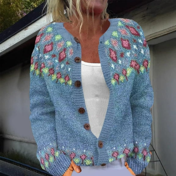 Fair Isle Sweater Women Loose Cozy Button up Chunky Cardigan Sweaters Winter Warm Long Sleeve Knit Sweater Coats