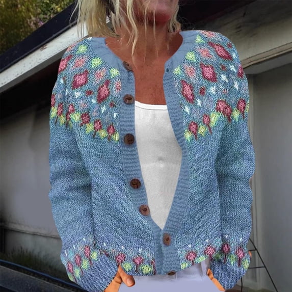 Fair Isle Sweater Women Loose Cozy Button up Chunky Cardigan Sweaters Winter Warm Long Sleeve Knit Sweater Coats