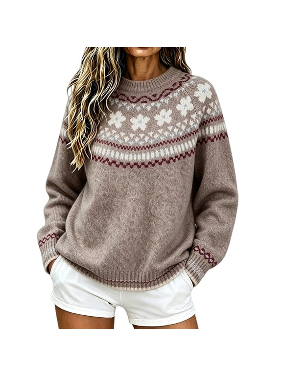 Fair Isle Sweater Women Nordic Sweaters Winter Cozy Embroidered Cute Fall Plus Size Crew Neck Cute Sweaters Fair Isle Sweater Cable Knit Snowflake Holiday Sweaters Graphic Sweater