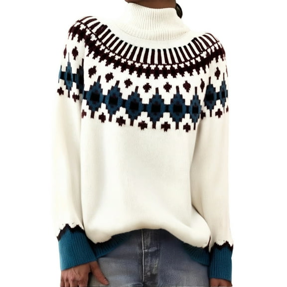 Fair Isle Sweater Women Oversized Long Sleeve Turtleneck Fair Isle Knit Pullover Sweater Winter Casual Loose Tunic Vintage Graphic Fall Sweaters for Women White XXXXXL