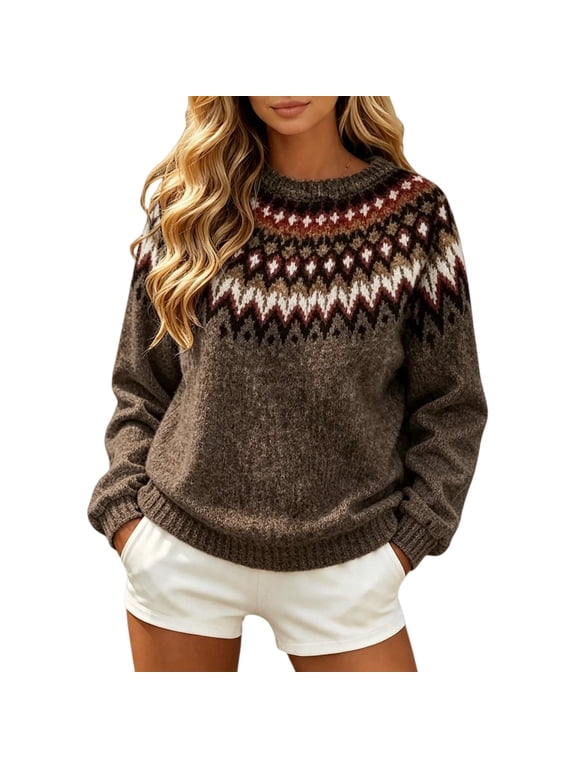 Fair Isle Sweater Women Plus Size Cozy Fair Isle Sweater Nordic Sweaters Embroidered Winter Cute Fall Crew Neck Norwegian Graphic Sweater Vintage Snowflake Cute Sweaters