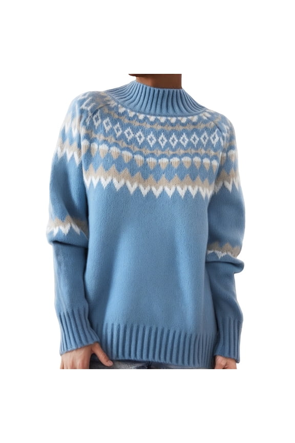 Fair Isle Sweater Women Plus Size Retro Print Sweaters Oversized Turtleneck Tunic Sweater