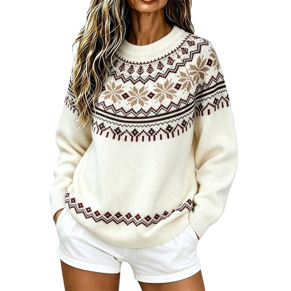 Fair Isle Sweater Women Plus Size Trending Clothes Cozy Winter Holiday Sweaters Christmas Fair Isle Sweater Snowflake Vintage Embroidered Cute Sweaters Nordic Sweaters Cable Knit