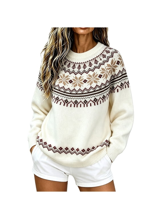 Fair Isle Sweater Women Plus Size Trending Clothes Cozy Winter Holiday Sweaters Christmas Fair Isle Sweater Snowflake Vintage Embroidered Cute Sweaters Nordic Sweaters Cable Knit