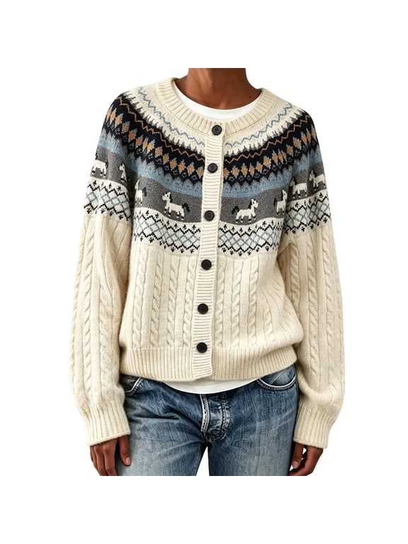 Fair Isle Sweater Women Sweater Jacket for Women Fall Outwear for Women Ribbed Knit Cardigan Western Sweaters for Women Fun Cardigans for Women Long Sleeve Open Button Down Sweaters,Blue,S
