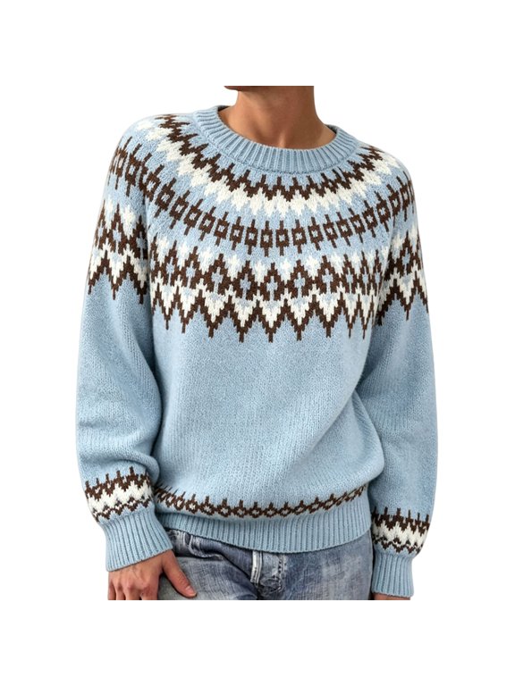 Fair Isle Sweater Women Trending Clothes Snowflake Winter Vintage Cozy Nordic Sweaters Plus Size Crew Neck Embroidered Norwegian Holiday Sweaters Graphic Sweater Cute Sweaters