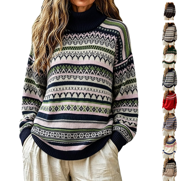 Fair Isle Sweater Women Turtleneck Nordic Norwegian Vintage Chunky Knit Pullover Retro Geometric Patterned Sweater