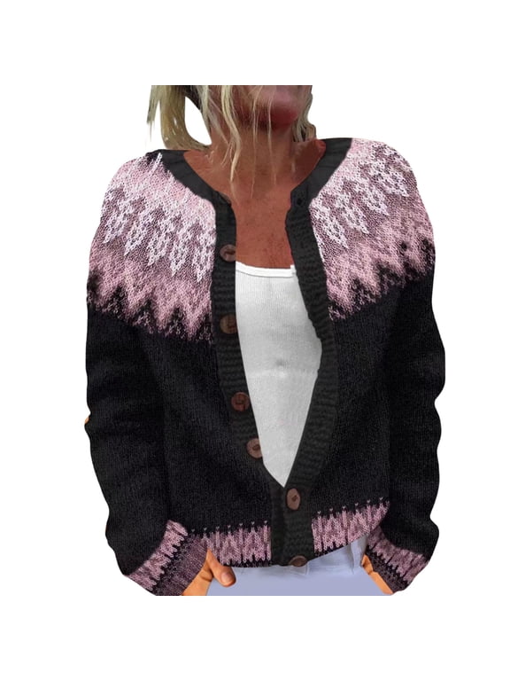 Fair Isle Sweater Women Vintage Cardigans Icelandic Sweater Long Sleeve Open Button Down Sweaters Hippie Sweater Fair Isle Cardigan Women Western Sweaters for Women Embroidered Sweater,Pink,4XL