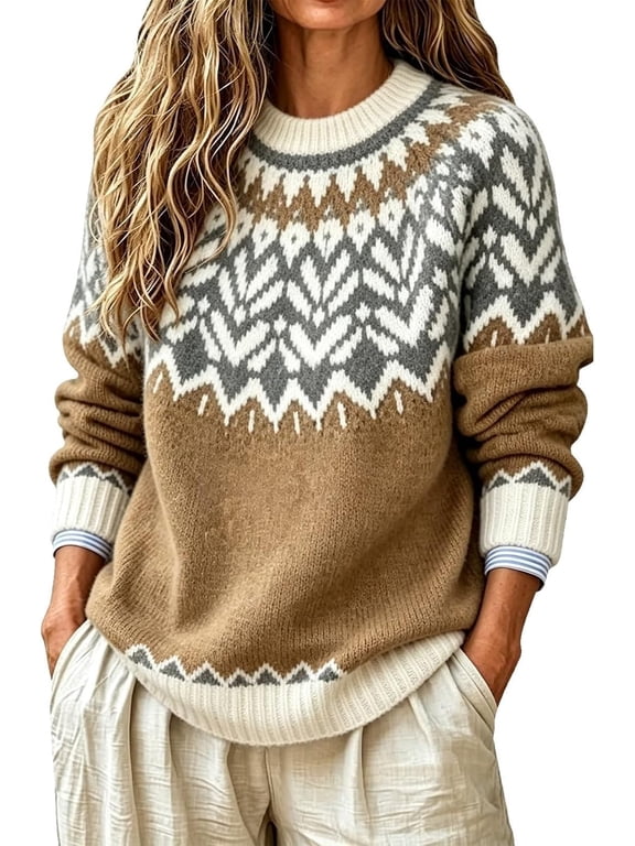 Fair Isle Sweater Women Vintage Crewneck Long Sleeve Pullover Tops Fall Winter Soft Casual Holiday Streewear