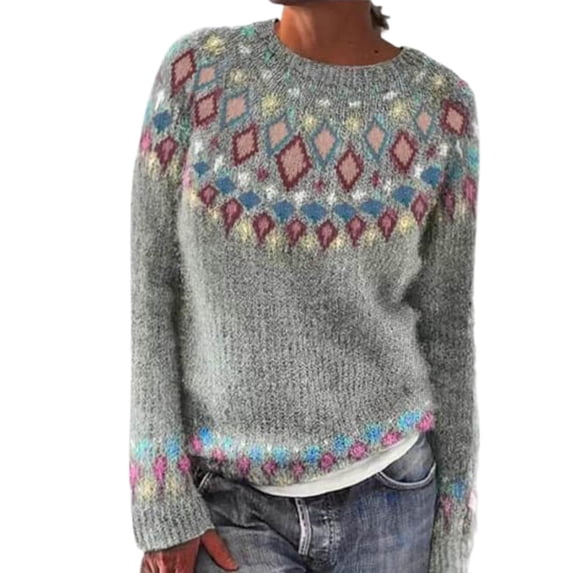Fair Isle Sweater Women Vintage Long Sleeve Boat Neck Retro Oversized Sweater Lightweight Knitted Sweater Top