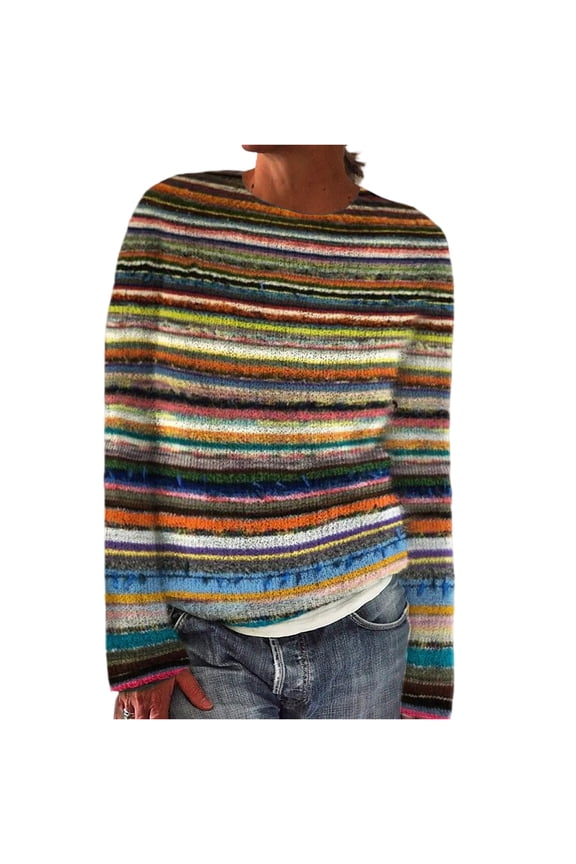 Fair Isle Sweater Women Vintage Long Sleeve Crewneck Sweater Fair Isle Knit Pullover TopGold XL