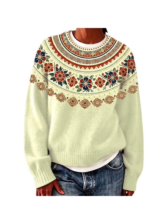 Fair Isle Sweater Women Winter Clothes for Women Winter Sweaters for Women 2026 New Fall Fashion for Women 2026 Autumn Clothes Flower Sweaters Fashion Clothing Christmas Sweater,Beige,L
