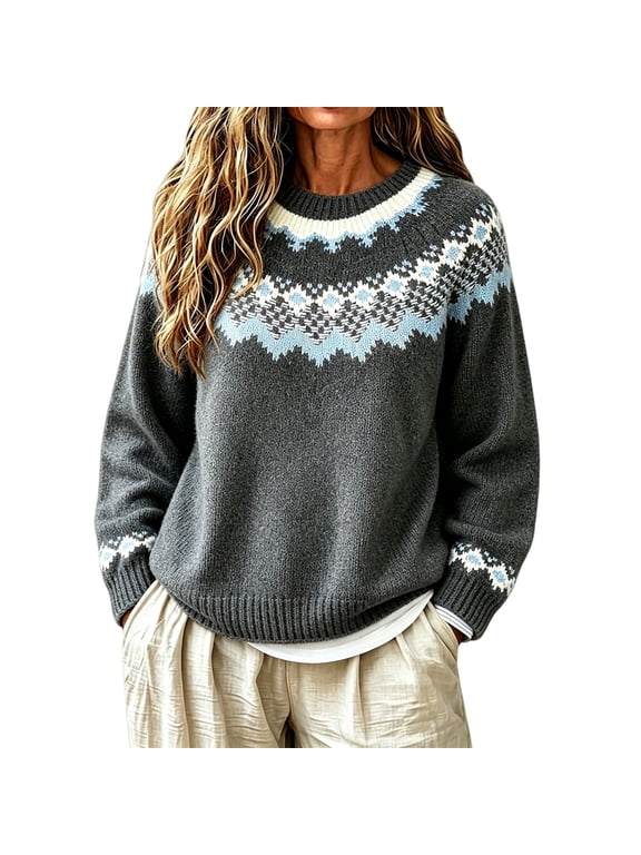 Fair Isle Sweater for Women,cable Knit Long Sleeve Crewneck Sweater Women Loose Comfort Sweatshirt Retro Geometric Pattern Modest Tops Sweaters for Women Trendy Cottage Core,Gray,L