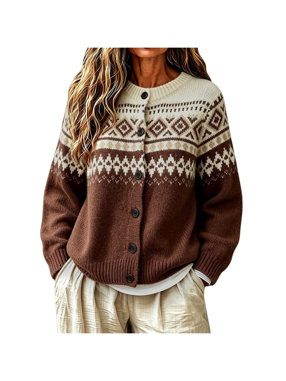 Fair Isle Sweater for Women,vintage Button Down Knit Long Sleeve Crewneck Cardigan Women Fashion Clothing Mixed Texture Retro Geometric Pattern Cozy Cardigan Soft Lightweight,Brick Red,L