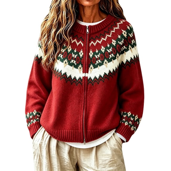 Fair Isle Sweater for Women,zip‑up Knit Long Sleeve Crewneck Cardigan Women Mixed Texture Women's Printed Sweater Vintage Fashion Clothing Comfort Cardigan Cozy Cardigan,Wine,M