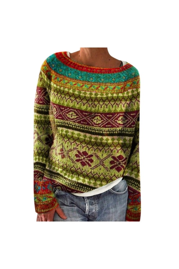 Fair Isle Sweater Womens Pullover Argyle Vintage Oversized Winter, Fall Casual Loose Long Sleeve Knitted Sweater Tops