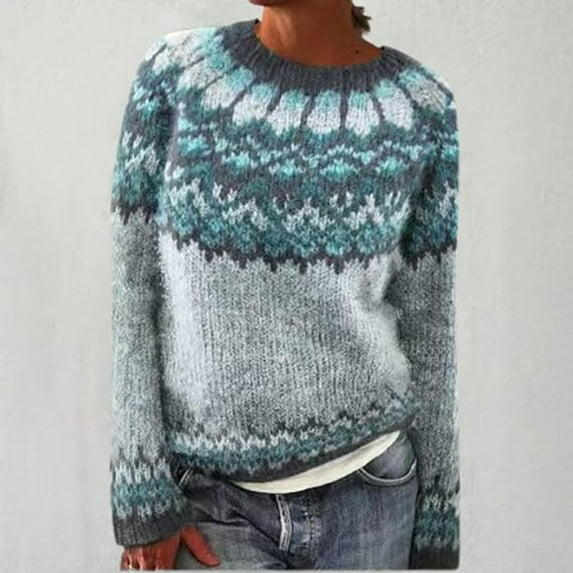 Fair Isle Sweater for Women Comfortable Crew Neck Loose Sweater Vintage Printed Fall Winter Business Casual Outfits Pullover Knit Tops Sky Blue XXXXL