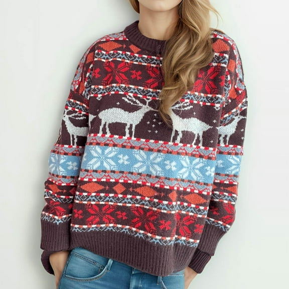 Fair Isle Sweater for Women Crew Neck Striped Christmas Sweater Fashion Comfortable Fall Winter Long Sleeve Pullovers Top Multicolor