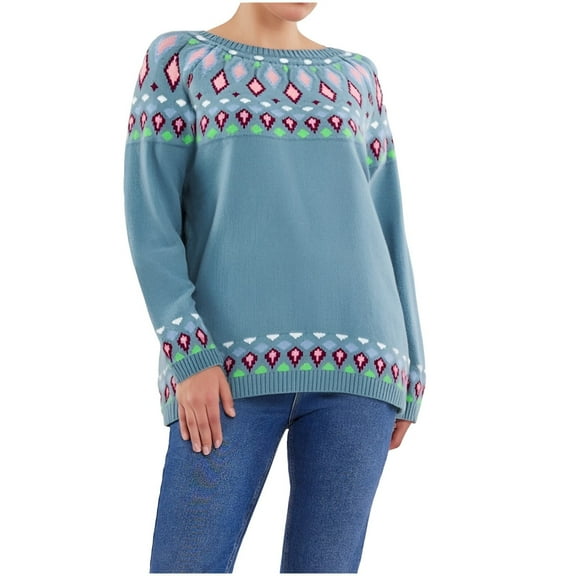 Fair Isle Sweater for Women Fashion Loose Comfortable Crew Neck Sweater Vintage Printed Fall Winter Long Sleeve Pullovers Top Multicolor Blue L