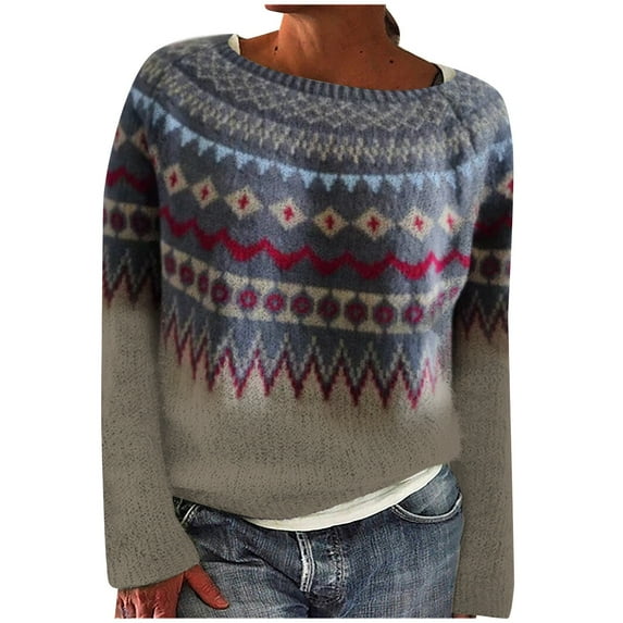 Fair Isle Sweater for Women Fashion Printed Crew Neck Sweater Loose Comfortable Fall Winter Long Sleeve Pullovers Top Multicolor Khaki L