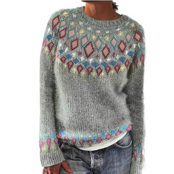 Fair Isle Sweater for Women Loose Comfortable Crew Neck Sweater Vintage Printed Fall Winter Business Casual Outfits Pullover Knit Tops