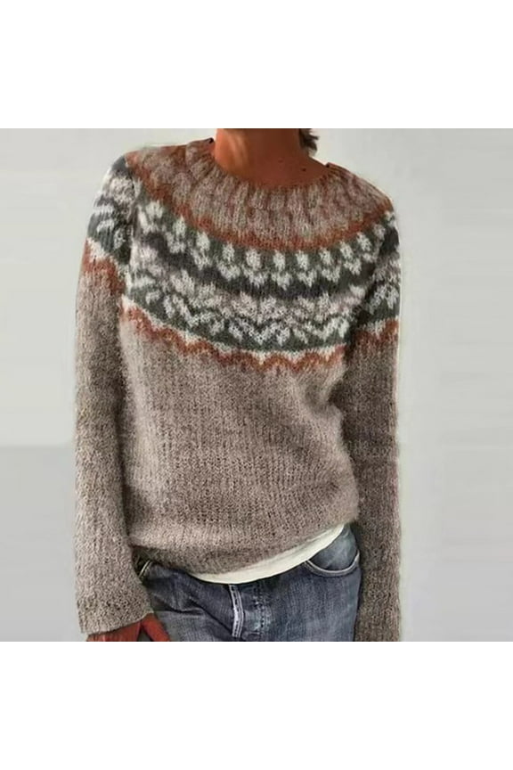Fair Isle Sweater for Women Loose Comfortable Crew Neck Sweater Vintage Printed Fall Winter Long Sleeve Pullovers Top Multicolor