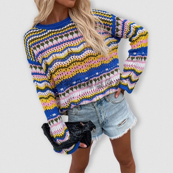 Fair Isle Sweater for Women Loose Fit Sweater Round Neck Comfortable Fall Winter Long Sleeve Pullovers Top Multicolor Blue M