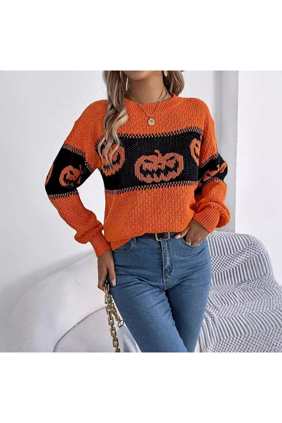 Fair Isle Sweater for Women Pumpkin Graphic Head Crew Neck Halloween Sweater Loose Comfortable Fall Winter Long Sleeve Pullovers Top Multicolor