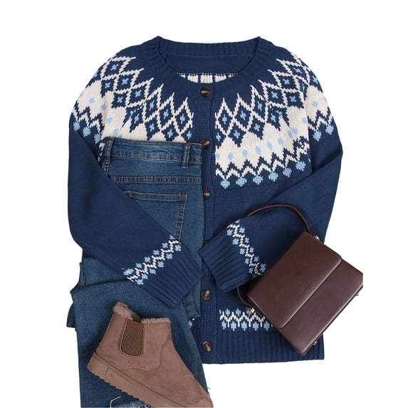 Fair Isle Sweaters Cardigans for Women Round Neck Fall Sweater Loose Casual Button Down Long Sleeve Open Front Knit Christmas Sweater S-XL Alsol Lamesa