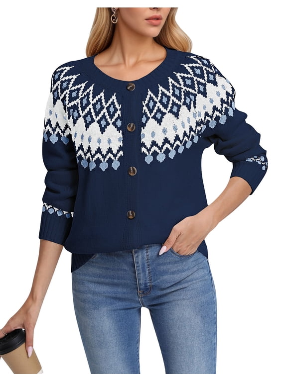 Fair Isle Sweaters Cardigans for Women Round Neck Fall Sweater Loose Casual Button Down Long Sleeve Open Front Knit Christmas Sweater S-XL Alsol Lamesa
