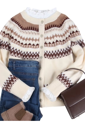Fair Isle Sweaters Cardigans for Women Round Neck Fall Sweater Loose Casual Button Down Long Sleeve Open Front Knit Christmas Sweater Alsol Lamesa