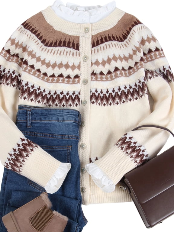 Fair Isle Sweaters Cardigans for Women Round Neck Fall Sweater Loose Casual Button Down Long Sleeve Open Front Knit Christmas Sweater Alsol Lamesa