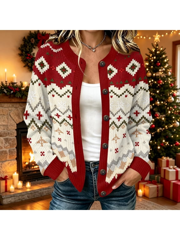 Fair Isle Sweaters for Women Novelty Geometric Print Womens Sweaters Cardigan Plus Size Button Knit Vintage Long Sleeve Fall Winter Fashion Tunic Sweater