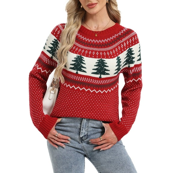 Fair Isle Sweaters for Women Ugly Christmas Sweater Crew Neck Long Sleeve Cute Funny Holiday Chrismas Tree Print Cable Knit Pullover Sweater Alsol Lamesa