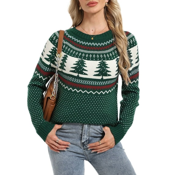 Fair Isle Sweaters for Women Ugly Christmas Sweater Crew Neck Long Sleeve Cute Funny Holiday Chrismas Tree Print Cable Knit Pullover Sweater Alsol Lamesa