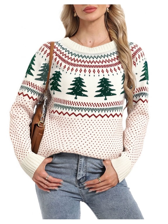 Fair Isle Sweaters for Women Ugly Christmas Sweater Crew Neck Long Sleeve Cute Funny Holiday Chrismas Tree Print Cable Knit Pullover Sweater Alsol Lamesa