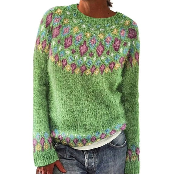 Fair Isle Sweaters for Women Plus Size Vintage Long Sleeve Crewneck Knitted Sweater Graphic Print Sweater Pullover Alsol Lamesa