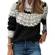 Fair Isle Sweaters for Women Plus Size Vintage Long Sleeve Crewneck Knitted Sweater Graphic Print Sweater Pullover Alsol Lamesa