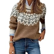 Fair Isle Sweaters for Women Plus Size Vintage Long Sleeve Crewneck Knitted Sweater Graphic Print Sweater Pullover Alsol Lamesa