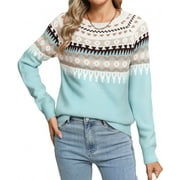 Fair Isle Sweaters for Women Vintage Long Sleeve Crewneck Knitted Sweater Graphic Print Sweater Pullover Alsol Lamesa