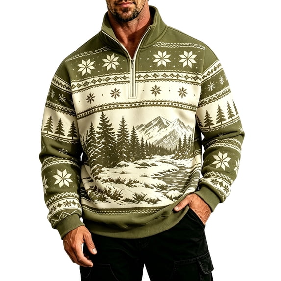 Fair Isle Sweatshirt for Men Long Sleeve Quarter Zip Stand Collar Pullover Trendy Fall Winter Casual Outdoor Streetwear Top Green M