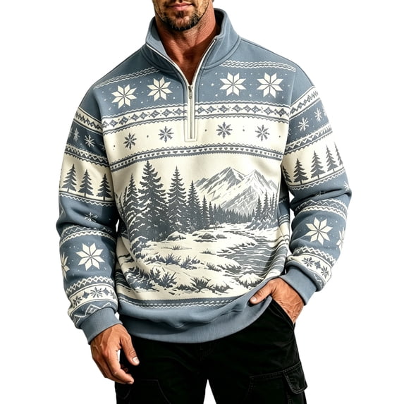 Fair Isle Sweatshirt for Men Long Sleeve Quarter Zip Stand Collar Pullover Trendy Fall Winter Casual Outdoor Streetwear Top Light Blue L
