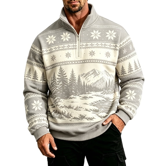 Fair Isle Sweatshirt for Men Long Sleeve Quarter Zip Stand Collar Pullover Trendy Fall Winter Casual Outdoor Streetwear Top Light Gray XL