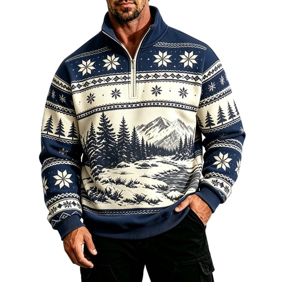 Fair Isle Sweatshirt for Men Long Sleeve Quarter Zip Stand Collar Pullover Trendy Fall Winter Casual Outdoor Streetwear Top Navy 3XL