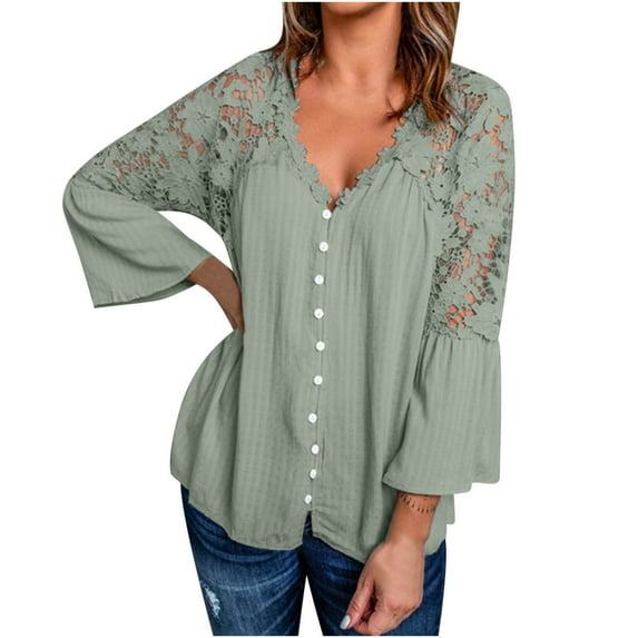 Fair Price Clothing MIUOWANP Women Casual Elegant Loose Large Size Lace Solid Color Round Neck Pullover Chiffon Shirt Long Sleeve Round Neck Top Shirt XL Green