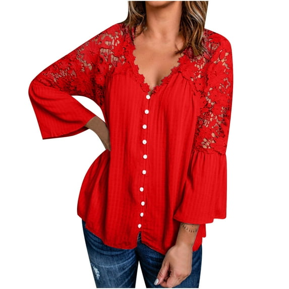 Fair Price Clothing MIUOWANP Women Casual Elegant Loose Large Size Lace Solid Color Round Neck Pullover Chiffon Shirt Long Sleeve Round Neck Top Shirt L Red