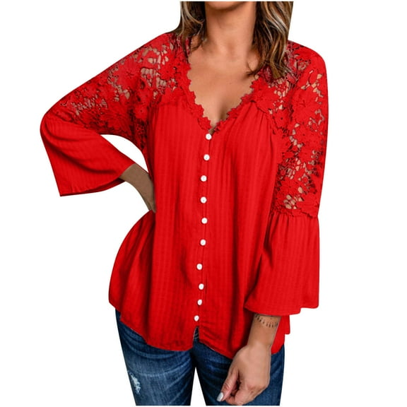 Fair Price Clothing MIUOWANP Women Casual Elegant Loose Large Size Lace Solid Color Round Neck Pullover Chiffon Shirt Long Sleeve Round Neck Top Shirt XL Red
