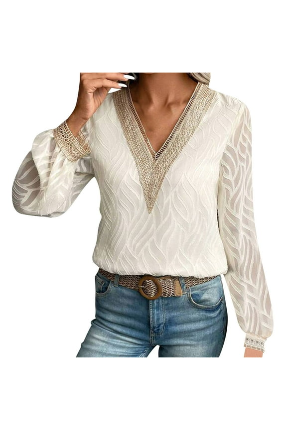 Fair Price Clothing MIUOWANP Women's V-neck Lace Pullover Long Sleeved Chiffon Top L Beige